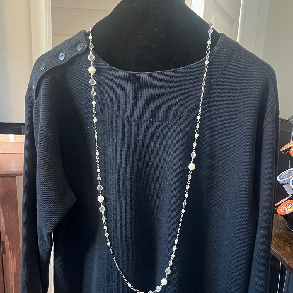 Long Silver tone necklace with Pearl and crystal accents